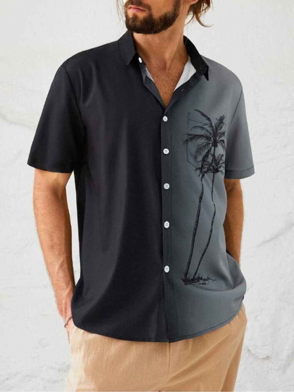 〽️Men Gray Black Hawaiian Short Sleeve Coconut Printed Button Down Casual Shirts
